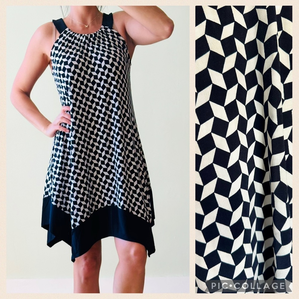 Enfocus Studio Geometric Diamonds Asymmetrical Dress in Navy & White